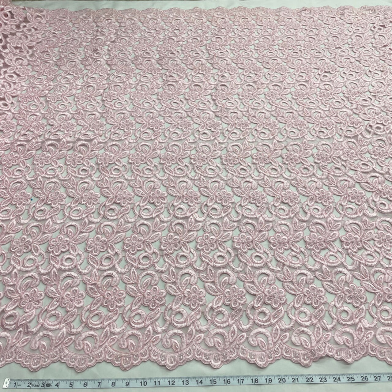 1 Yard Beaded Corded Bridal Lace Fabric Embroidered on 100 Percent Polyester Net Mesh 52 Inch Width